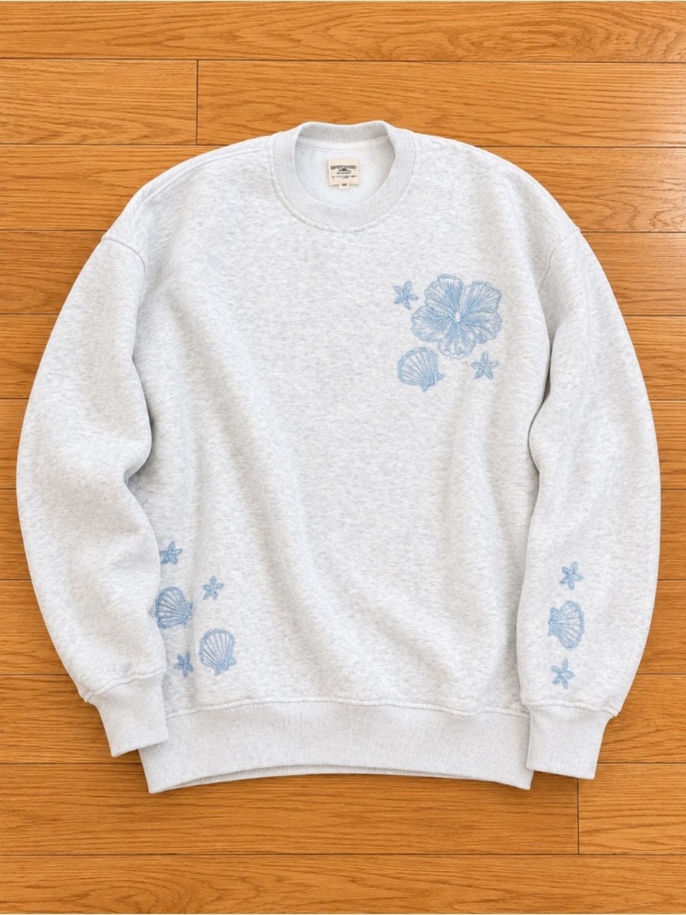 Light Gray Crewneck Sweatshirt with Blue Floral Embroidery